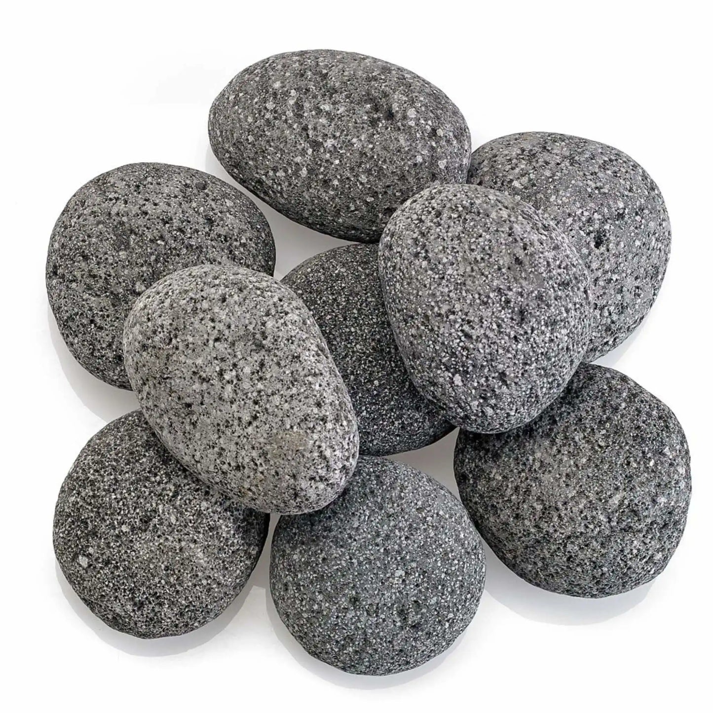 Top-down view of Large gray lava stones arranged in a clustered layout, showing their rounded edges, natural variation in tone, and porous volcanic texture on a clean white surface.