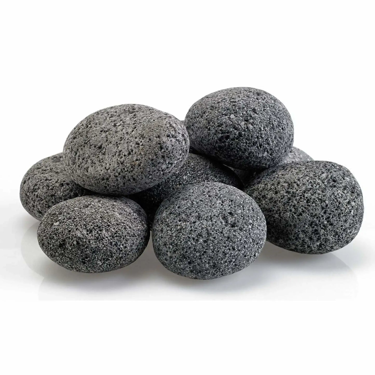 Group of Large American Fire Products lava stones in a natural gray tone, stacked together on a white background, showing their rounded shape and porous volcanic texture ideal for gas fire pits and fireplaces.