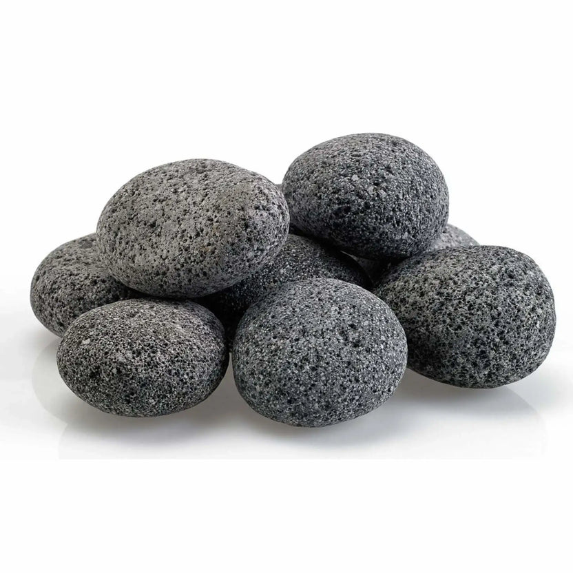 Group of Large American Fire Products lava stones in a natural gray tone, stacked together on a white background, showing their rounded shape and porous volcanic texture ideal for gas fire pits and fireplaces.