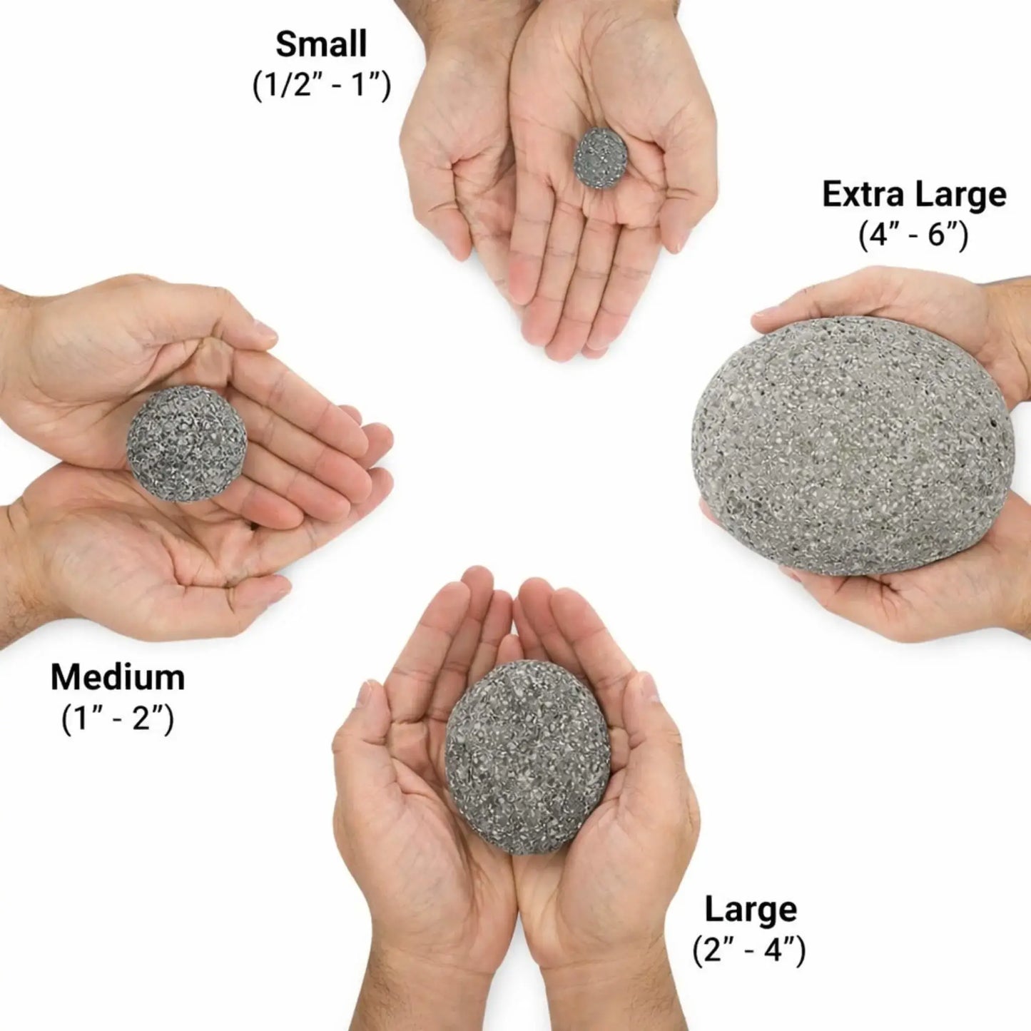 Side-by-side size comparison of American Fire Products lava stones displayed in hands, labeled small (1/2 inch to 1 inch), medium (1 inch to 2 inches), large (2 inches to 4 inches), and extra large (4 inches to 6 inches), showing the natural gray texture and scale of each stone.
