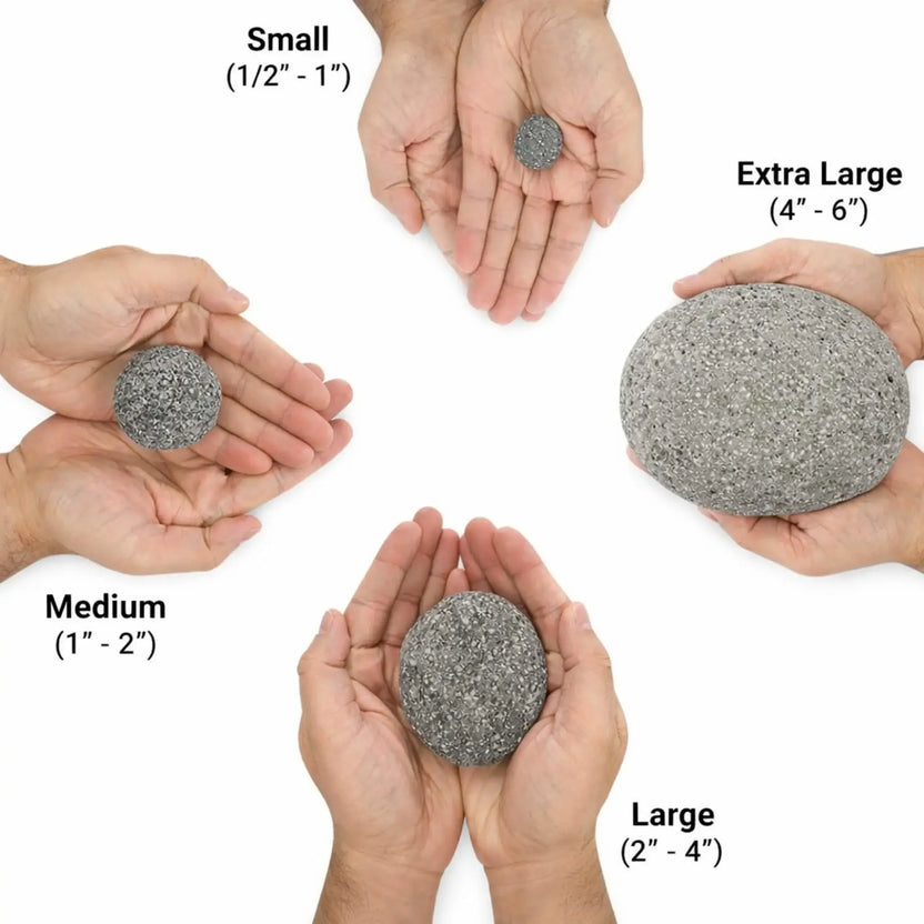 Side-by-side size comparison of American Fire Products lava stones displayed in hands, labeled small (1/2 inch to 1 inch), medium (1 inch to 2 inches), large (2 inches to 4 inches), and extra large (4 inches to 6 inches), showing the natural gray texture and scale of each stone.