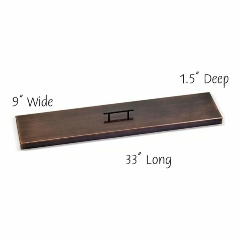 30-inch by 6-inch oil rubbed bronze linear burner cover featuring a sleek rectangular design, durable metal construction, and a slim lift handle for easy removal.