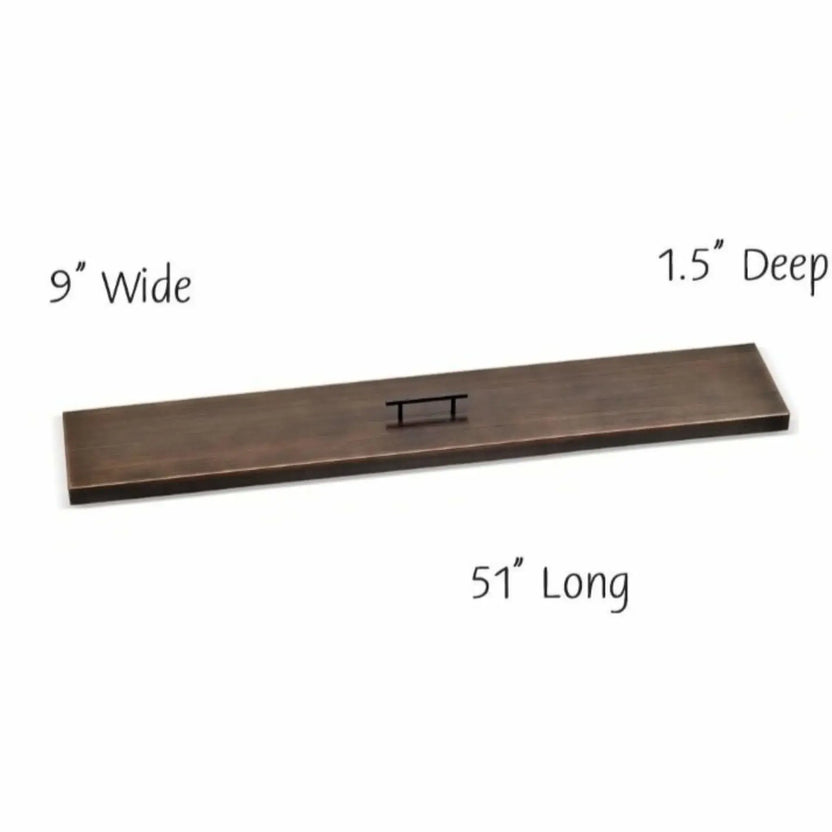 48-inch oil rubbed bronze burner cover designed for linear fire pits, showcasing a long rectangular shape, weather-resistant metal surface, and minimalist lift handle.