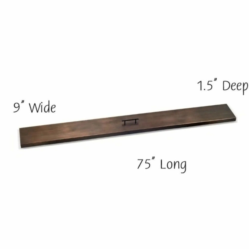 Extra-long 72-inch oil rubbed bronze linear burner cover with a refined brushed finish and low-profile handle, ideal for large custom outdoor fire pit installations.