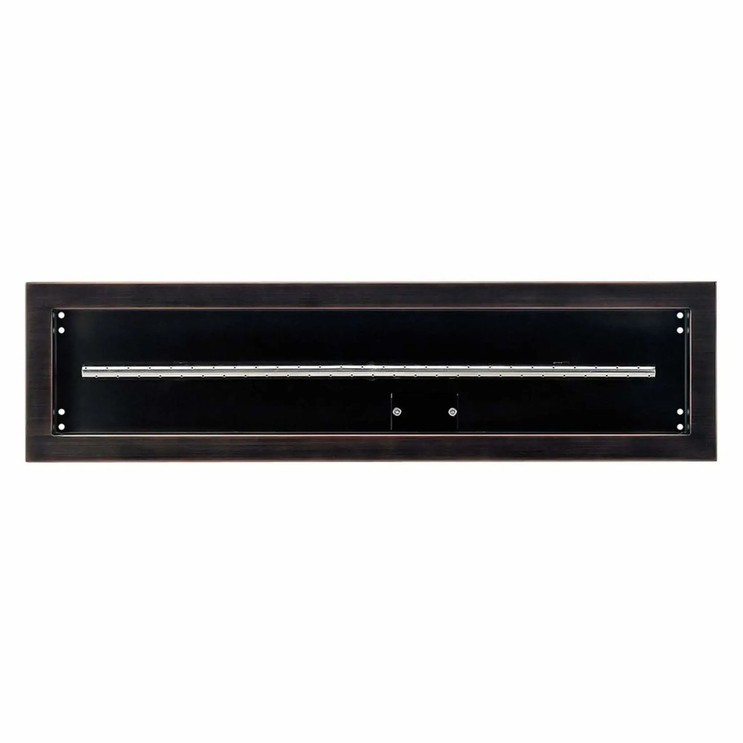 Top-down view of a 30x6 oil rubbed bronze linear drop-in burner pan from American Fire Products, showing the recessed fire pan interior, centered gas burner tube, and clean modern profile for outdoor fire pit installations.