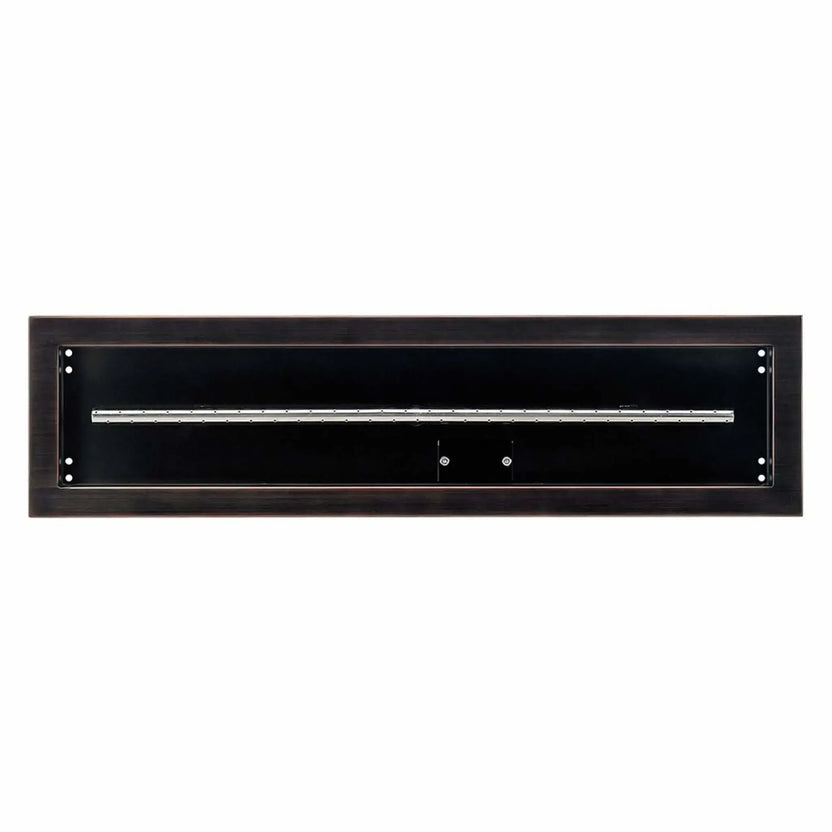 Top-down view of a 30x6 oil rubbed bronze linear drop-in burner pan from American Fire Products, showing the recessed fire pan interior, centered gas burner tube, and clean modern profile for outdoor fire pit installations.