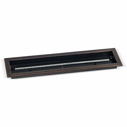 30 by 6 inch linear drop-in burner pan by American Fire Products in an oil rubbed bronze finish, featuring a sleek rectangular fire pan with a stainless steel burner tube for compact outdoor gas fire pit designs.