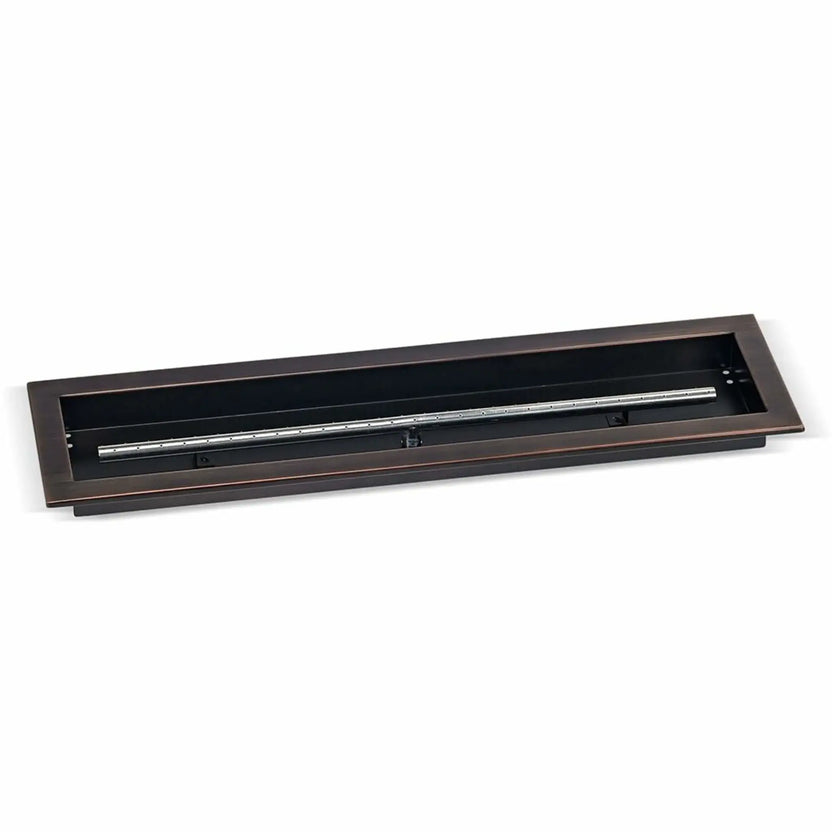 30 by 6 inch linear drop-in burner pan by American Fire Products in an oil rubbed bronze finish, featuring a sleek rectangular fire pan with a stainless steel burner tube for compact outdoor gas fire pit designs.
