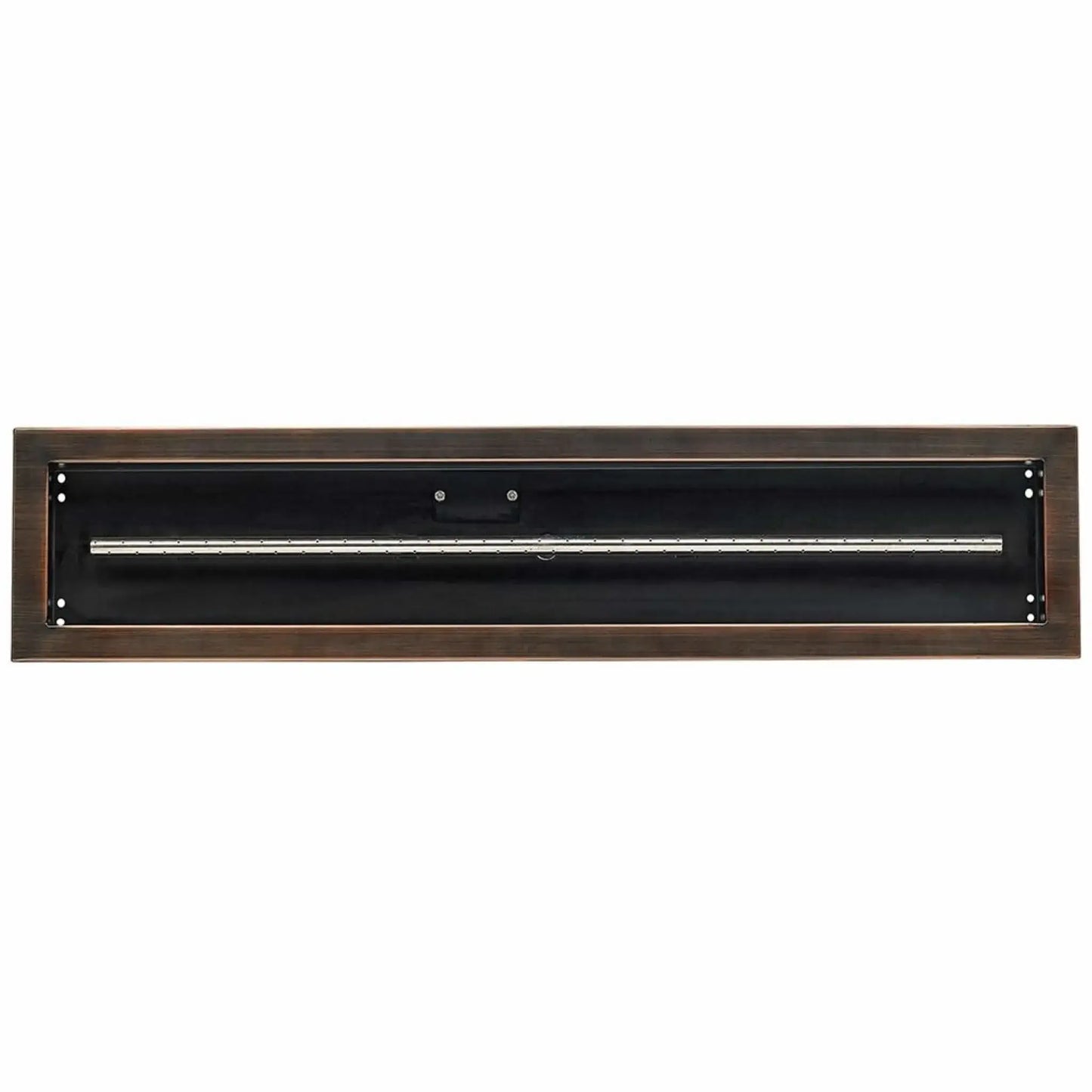 Front-facing view of a 36x6 oil rubbed bronze linear drop-in burner pan from American Fire Products, showing the recessed pan interior, mounting points, and evenly spaced burner tube for consistent flame distribution.