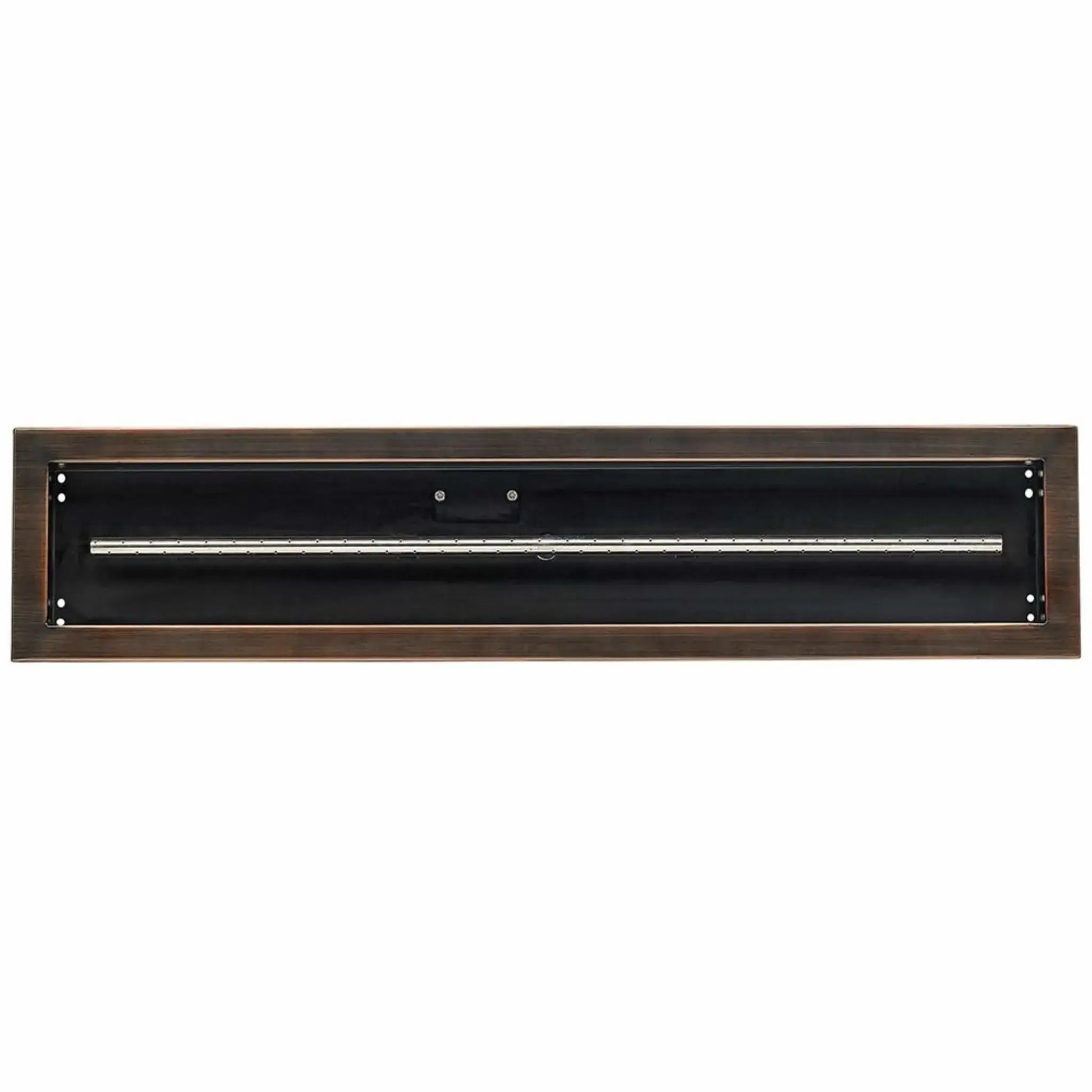Front-facing view of a 36x6 oil rubbed bronze linear drop-in burner pan from American Fire Products, showing the recessed pan interior, mounting points, and evenly spaced burner tube for consistent flame distribution.