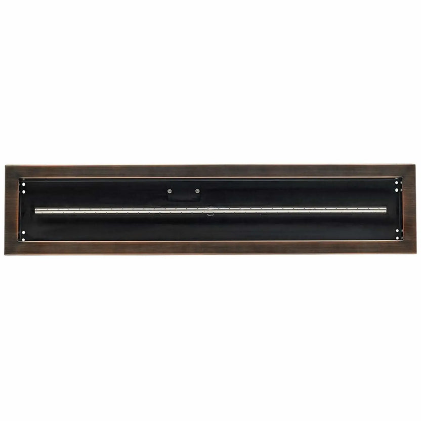 Front-facing view of a 36x6 oil rubbed bronze linear drop-in burner pan from American Fire Products, showing the recessed pan interior, mounting points, and evenly spaced burner tube for consistent flame distribution.
