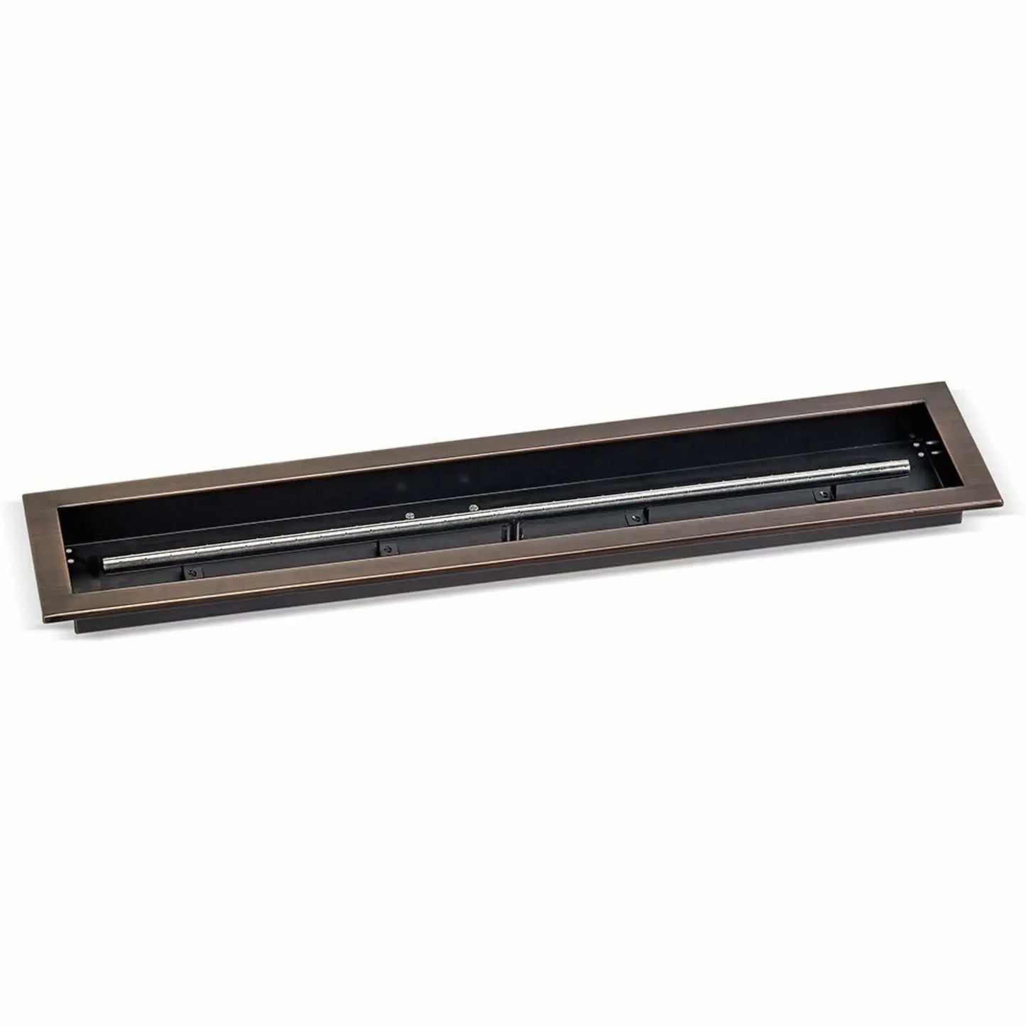 36x6 inch linear drop-in burner pan by American Fire Products in an oil rubbed bronze finish, featuring a long rectangular fire pan with a centered stainless steel burner tube designed for custom outdoor gas fire pits.