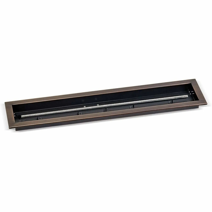 36x6 inch linear drop-in burner pan by American Fire Products in an oil rubbed bronze finish, featuring a long rectangular fire pan with a centered stainless steel burner tube designed for custom outdoor gas fire pits.
