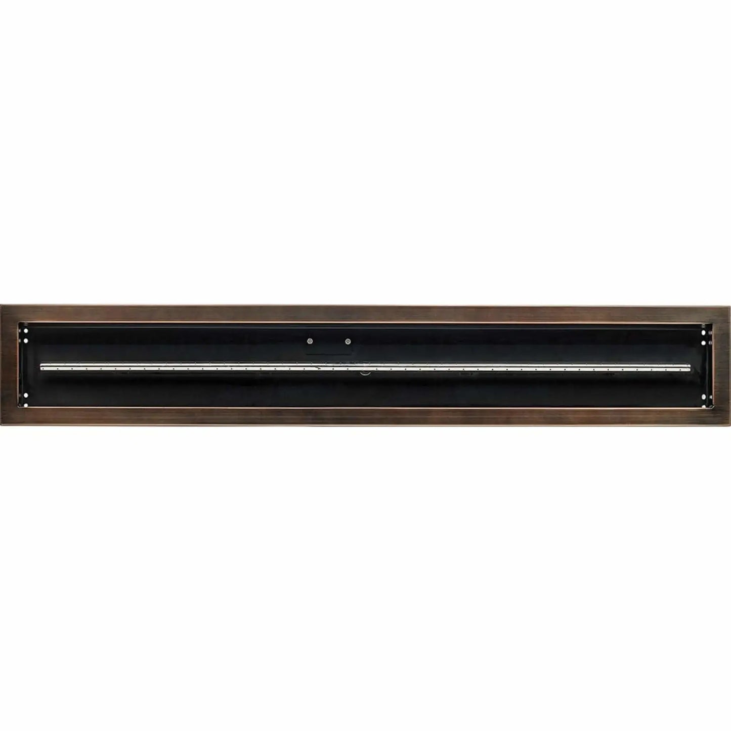 Top-down view of a 48x6 linear drop-in burner pan in an oil rubbed bronze finish, highlighting the elongated fire pan design and centrally mounted gas burner tube for modern outdoor fire features.
