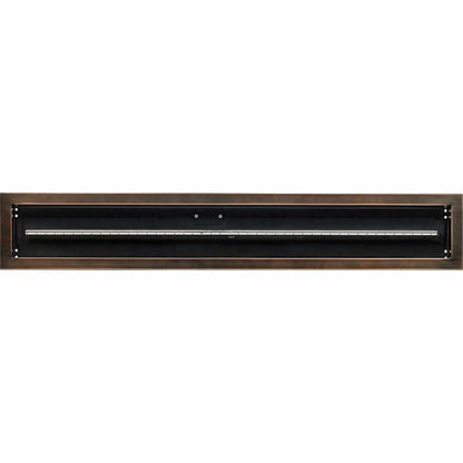 Top-down view of a 48x6 linear drop-in burner pan in an oil rubbed bronze finish, highlighting the elongated fire pan design and centrally mounted gas burner tube for modern outdoor fire features.
