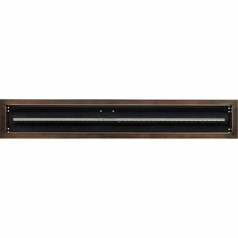 Top-down view of a 48x6 linear drop-in burner pan in an oil rubbed bronze finish, highlighting the elongated fire pan design and centrally mounted gas burner tube for modern outdoor fire features.