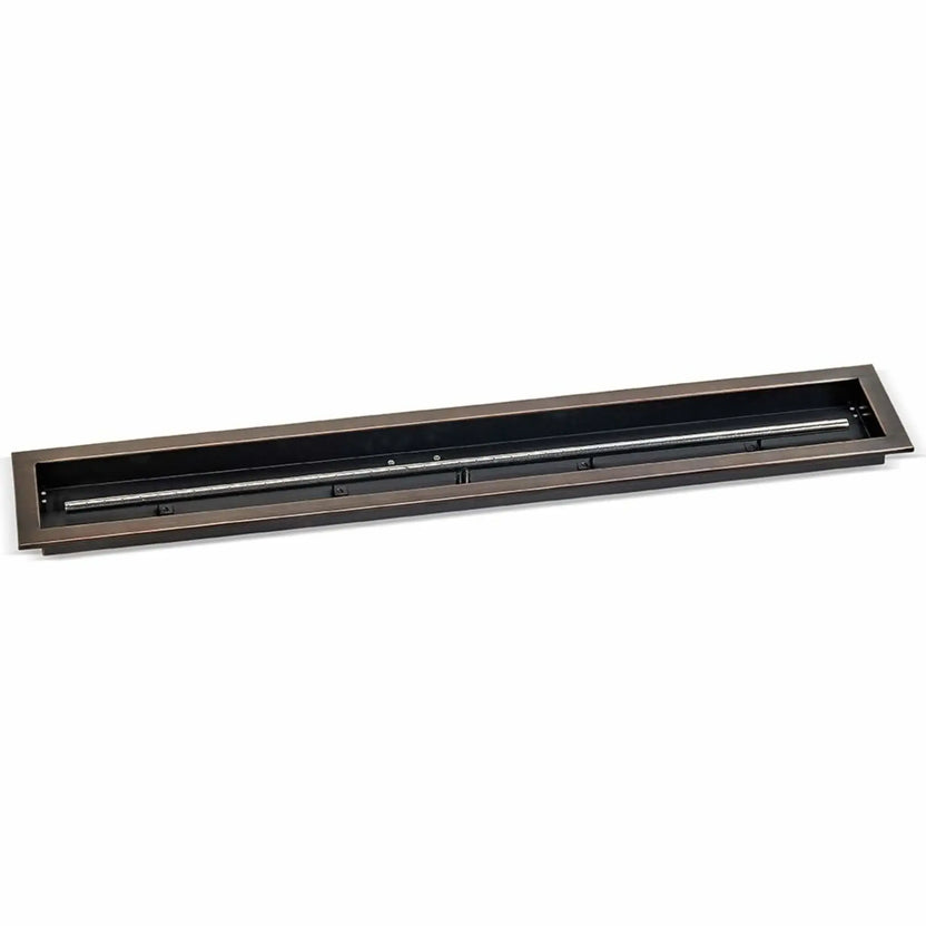 48x6 inch oil rubbed bronze linear drop-in burner pan by American Fire Products, designed with a sleek rectangular profile and integrated stainless steel burner for medium to large outdoor fire pit installations.