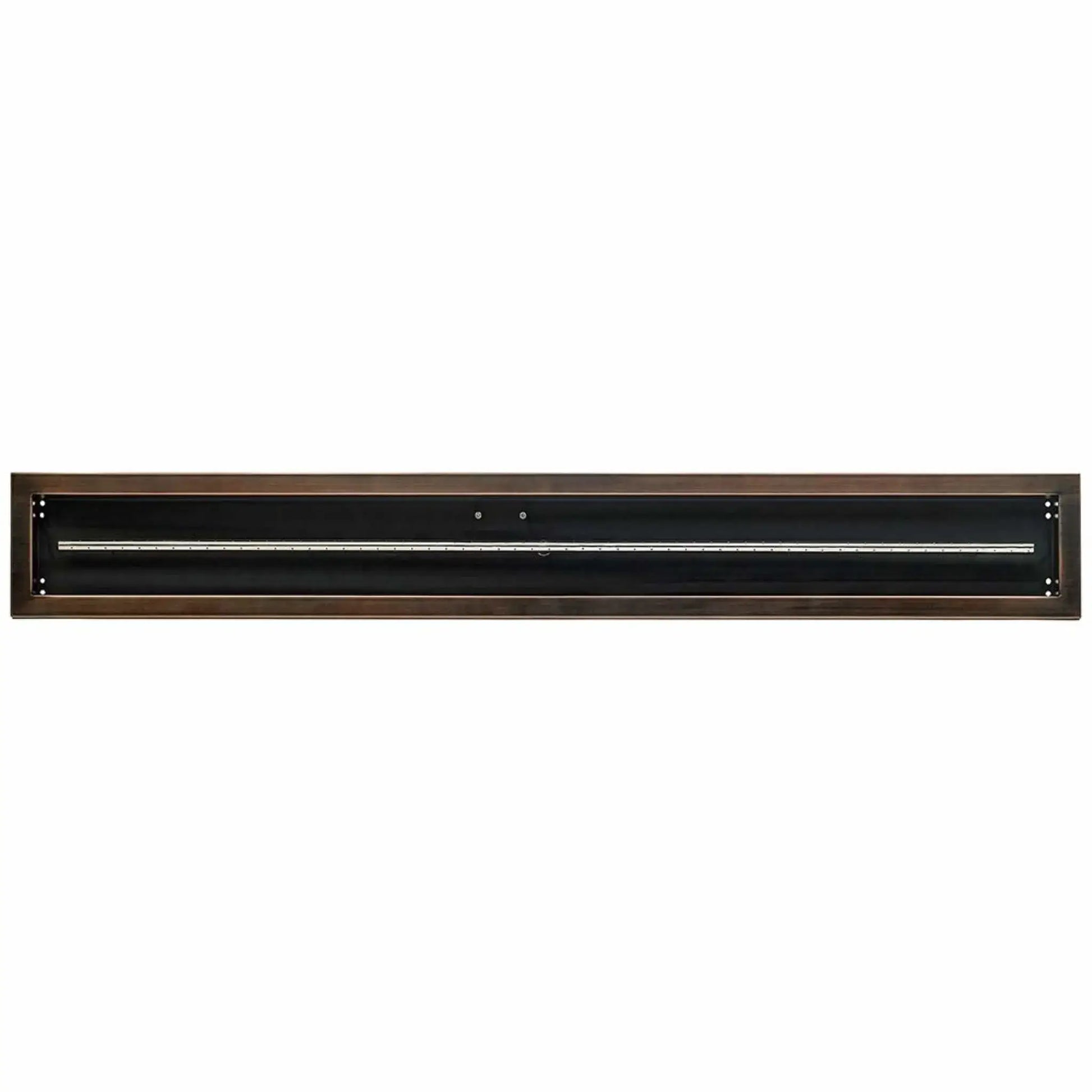 Straight-on view of a 60x6 oil rubbed bronze linear burner pan by American Fire Products, showing the full-length stainless steel burner, recessed interior, and clean modern edges for custom fire pit builds.