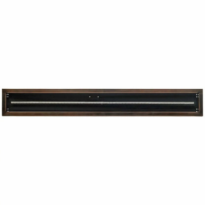 Straight-on view of a 60x6 oil rubbed bronze linear burner pan by American Fire Products, showing the full-length stainless steel burner, recessed interior, and clean modern edges for custom fire pit builds.