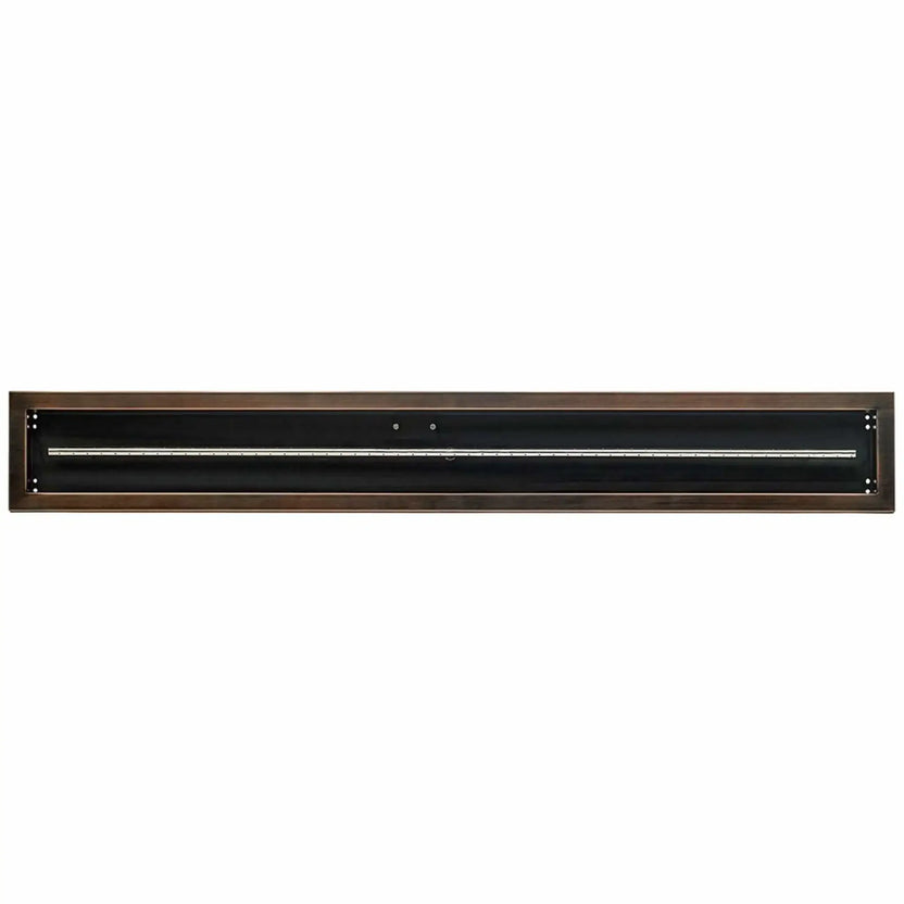 Straight-on view of a 60x6 oil rubbed bronze linear burner pan by American Fire Products, showing the full-length stainless steel burner, recessed interior, and clean modern edges for custom fire pit builds.