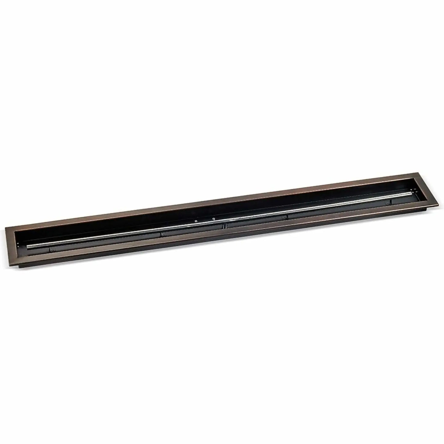 60x6 inch linear drop-in burner pan from American Fire Products in an oil rubbed bronze finish, featuring a wide rectangular fire pan and extended burner tube for high-output outdoor gas fire pits.