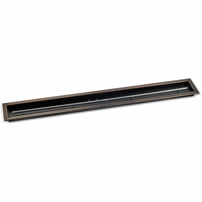 60x6 inch linear drop-in burner pan from American Fire Products in an oil rubbed bronze finish, featuring a wide rectangular fire pan and extended burner tube for high-output outdoor gas fire pits.