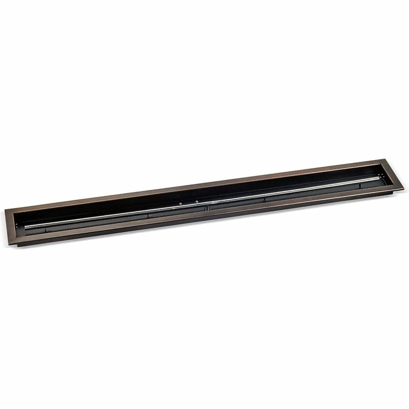 60x6 inch linear drop-in burner pan from American Fire Products in an oil rubbed bronze finish, featuring a wide rectangular fire pan and extended burner tube for high-output outdoor gas fire pits.