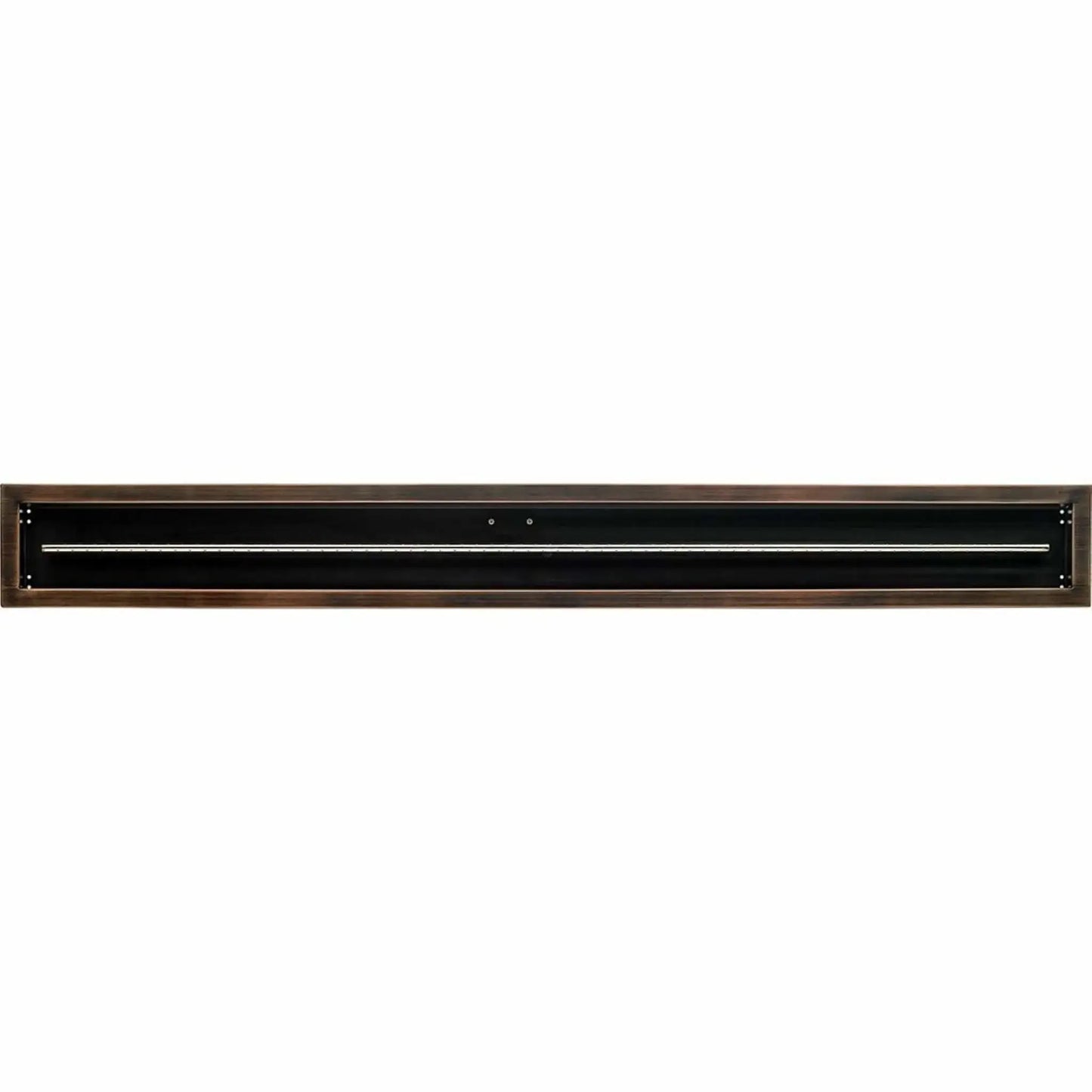 Straight-on view of a 72x6 linear drop-in burner pan by American Fire Products in an oil rubbed bronze finish, showing the full-length rectangular pan and centered stainless steel burner tube for large outdoor gas fire pits.