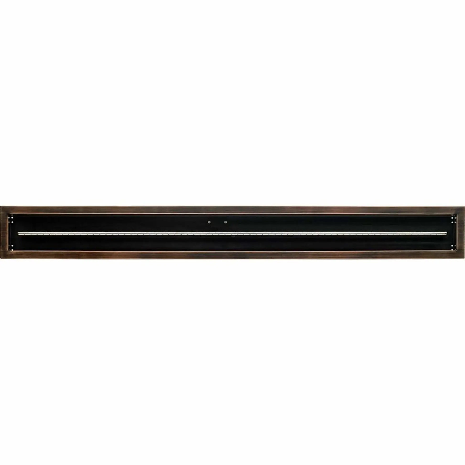 Straight-on view of a 72x6 linear drop-in burner pan by American Fire Products in an oil rubbed bronze finish, showing the full-length rectangular pan and centered stainless steel burner tube for large outdoor gas fire pits.