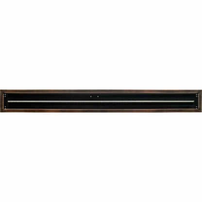 Straight-on view of a 72x6 linear drop-in burner pan by American Fire Products in an oil rubbed bronze finish, showing the full-length rectangular pan and centered stainless steel burner tube for large outdoor gas fire pits.