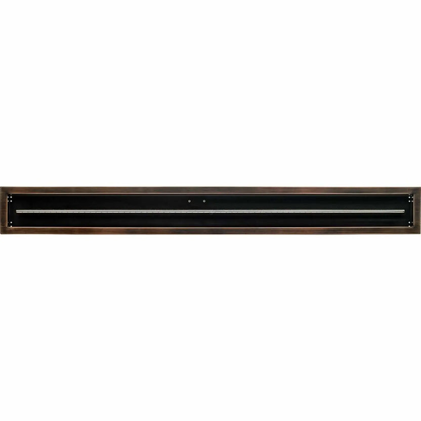 Straight-on view of a 72x6 linear drop-in burner pan by American Fire Products in an oil rubbed bronze finish, showing the full-length rectangular pan and centered stainless steel burner tube for large outdoor gas fire pits.