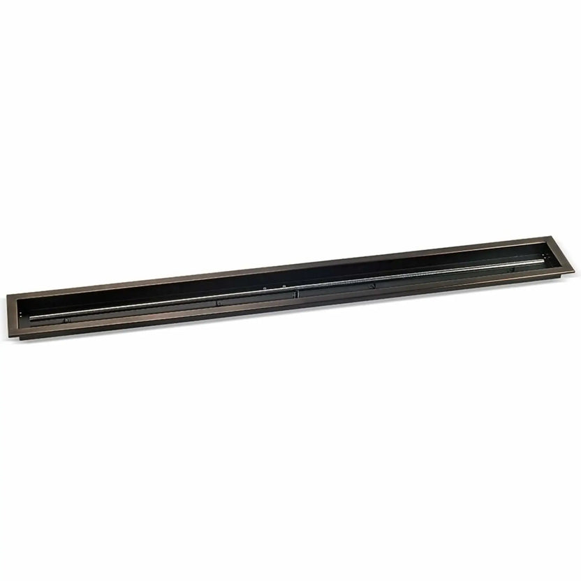 72x6 inch linear drop-in burner pan by American Fire Products in an oil rubbed bronze finish, designed for large outdoor fire pits with a long rectangular pan and continuous stainless steel gas burner.