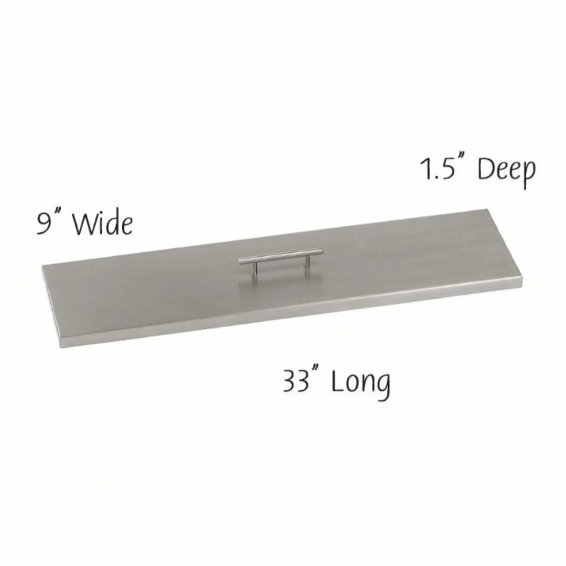 30-inch by 6-inch stainless steel linear burner cover featuring a slim rectangular profile, brushed metal surface, and centered handle for easy removal when converting a fire pit to a tabletop.