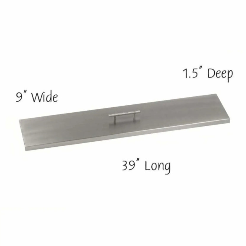 36-inch stainless steel linear fire pit burner cover with a flat, minimalist design and integrated handle, ideal for covering narrow rectangular burners in outdoor fire features.