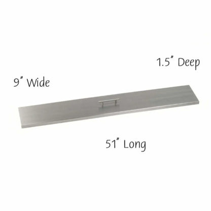 48-inch linear stainless steel burner cover designed to sit flush over a fire pit burner, providing a sleek tabletop surface while protecting the burner from debris and weather.