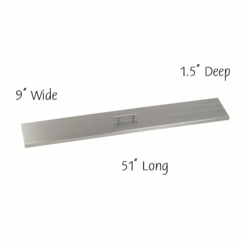 48-inch linear stainless steel burner cover designed to sit flush over a fire pit burner, providing a sleek tabletop surface while protecting the burner from debris and weather.