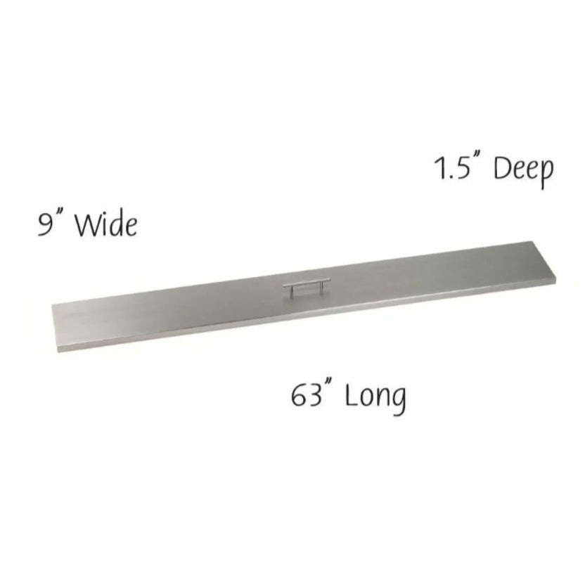 Extra-long 60-inch stainless steel fire pit burner cover with a brushed finish and centered lift handle, created for larger linear fire pits and modern outdoor installations.