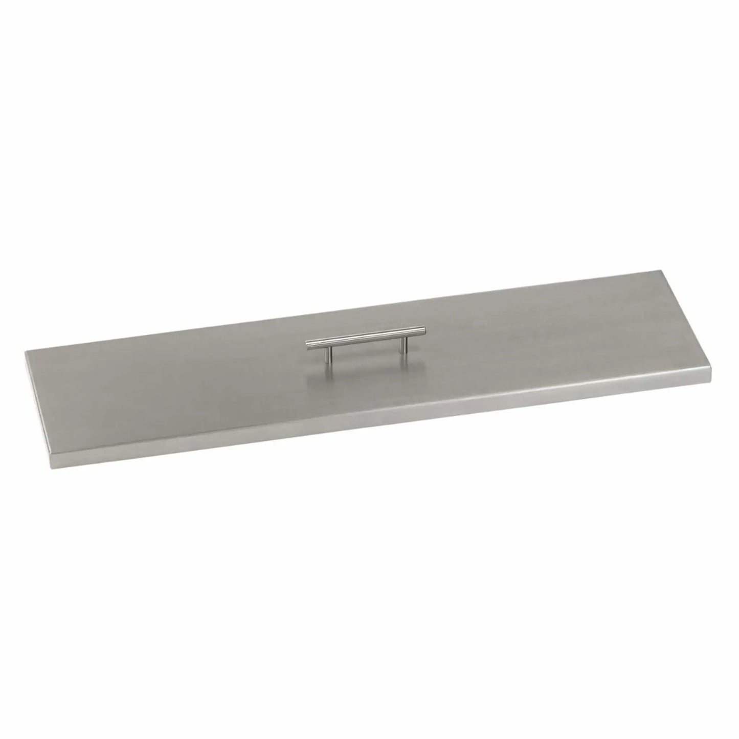 Linear stainless steel fire pit burner cover with a smooth brushed finish and centered lift handle, shown on a white background to highlight its low-profile design and corrosion-resistant construction.