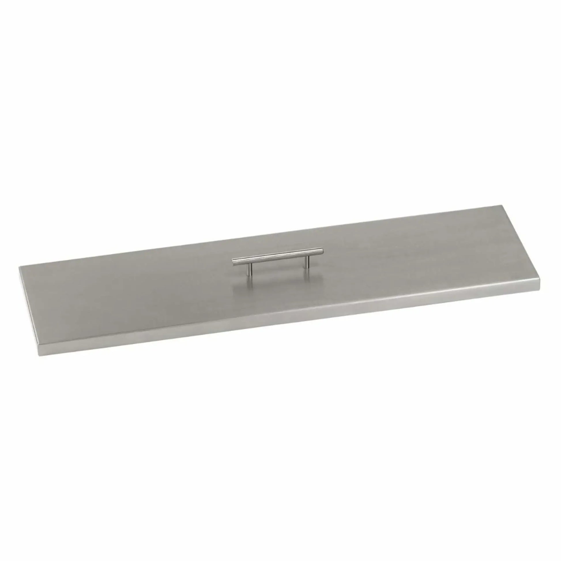 Linear stainless steel fire pit burner cover with a smooth brushed finish and centered lift handle, shown on a white background to highlight its low-profile design and corrosion-resistant construction.