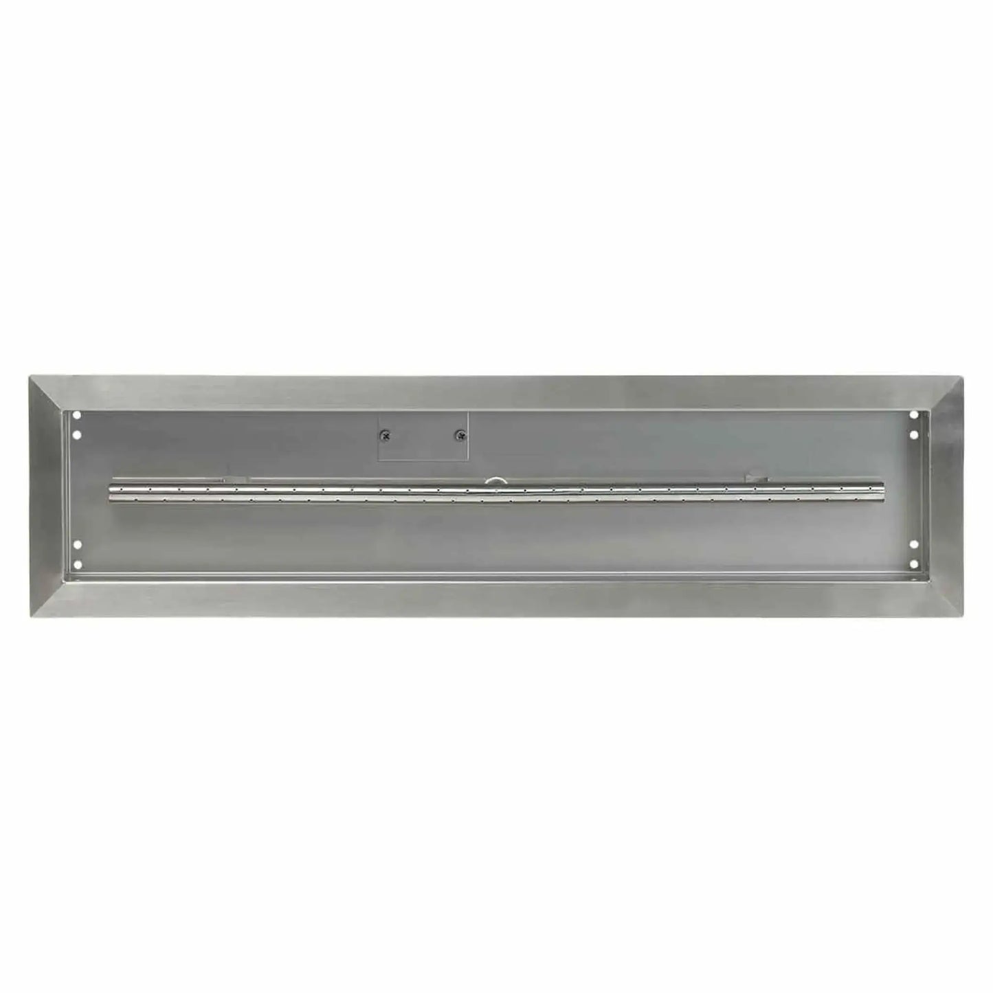 Front-facing view of a 30x6 stainless steel linear drop-in burner pan by American Fire Products, showing the recessed interior, mounting points, and evenly spaced burner ports for consistent flame output.