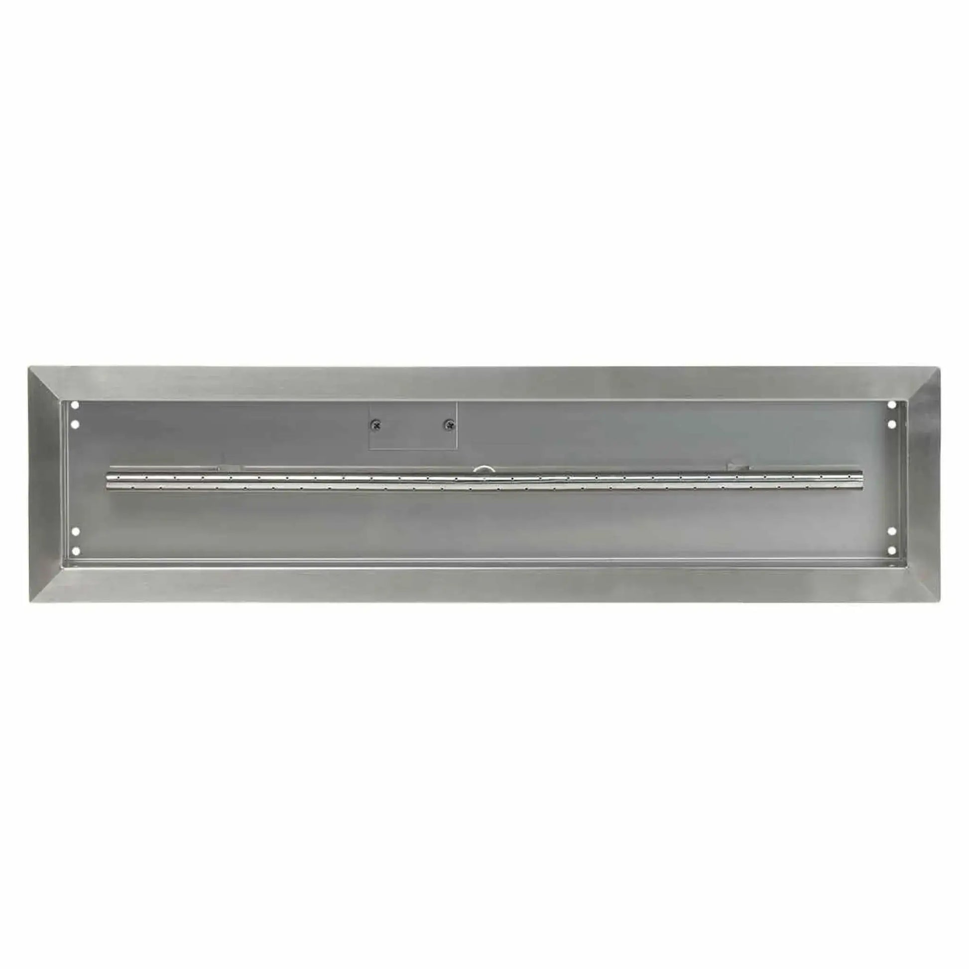 Front-facing view of a 30x6 stainless steel linear drop-in burner pan by American Fire Products, showing the recessed interior, mounting points, and evenly spaced burner ports for consistent flame output.
