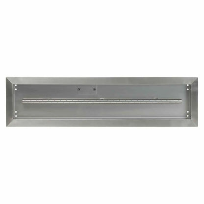 Front-facing view of a 30x6 stainless steel linear drop-in burner pan by American Fire Products, showing the recessed interior, mounting points, and evenly spaced burner ports for consistent flame output.