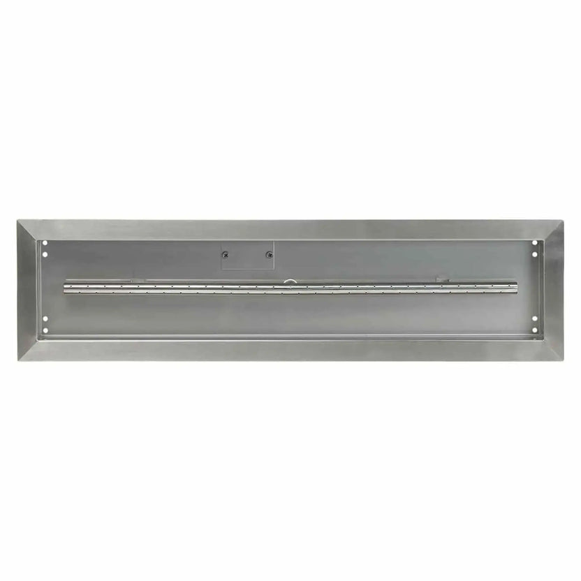 Front-facing view of a 30x6 stainless steel linear drop-in burner pan by American Fire Products, showing the recessed interior, mounting points, and evenly spaced burner ports for consistent flame output.