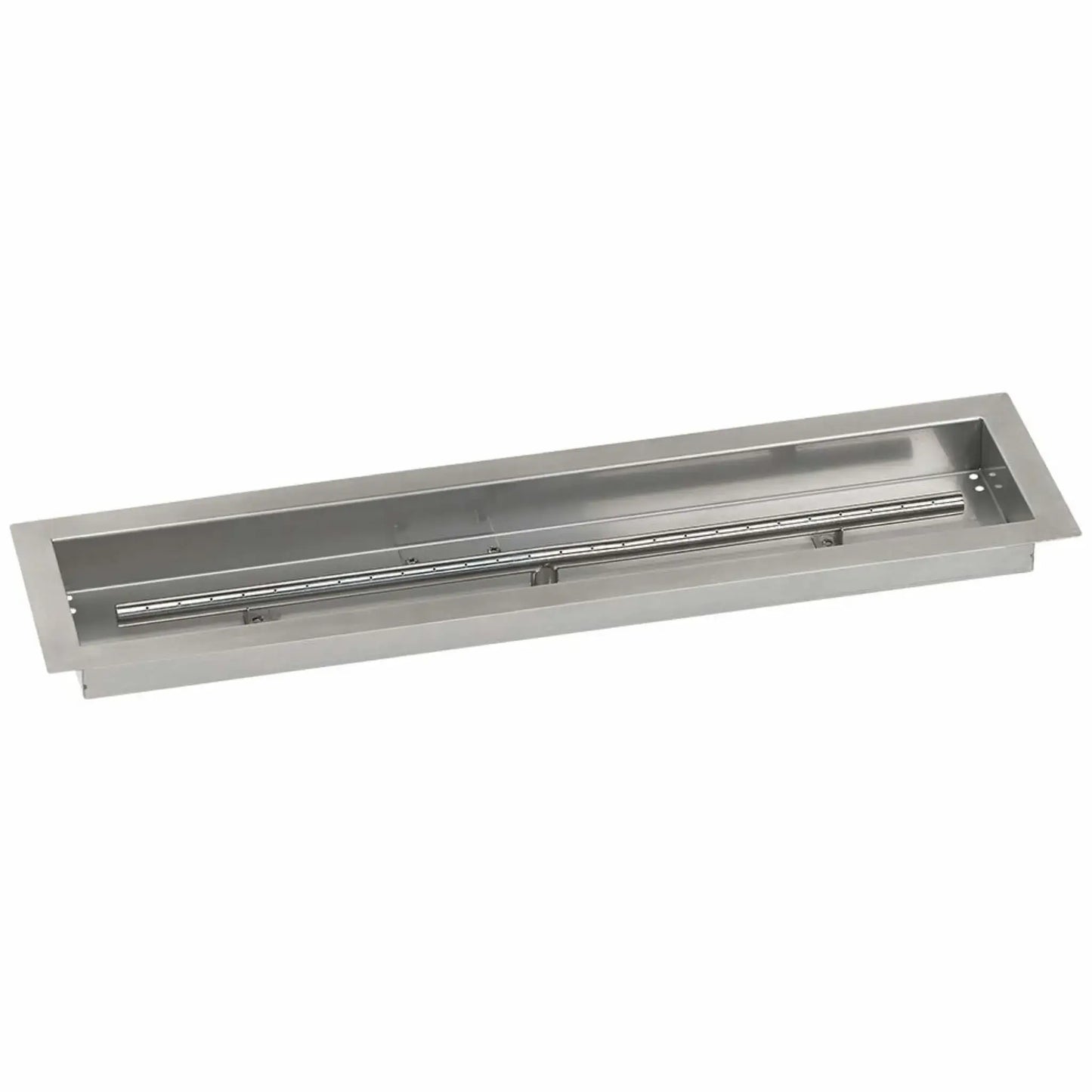 30x6 inch linear drop-in burner pan from American Fire Products in stainless steel, featuring a sleek rectangular fire pan and integrated stainless burner tube for compact outdoor gas fire pit designs.
