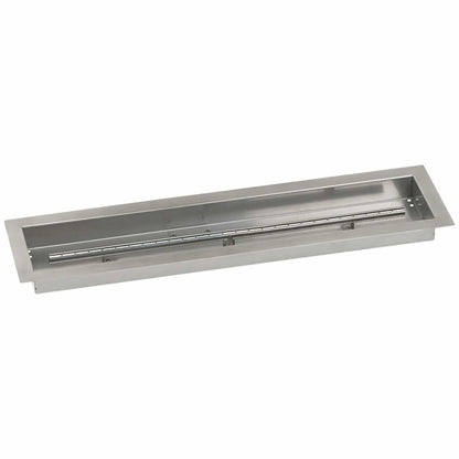 30x6 inch linear drop-in burner pan from American Fire Products in stainless steel, featuring a sleek rectangular fire pan and integrated stainless burner tube for compact outdoor gas fire pit designs.