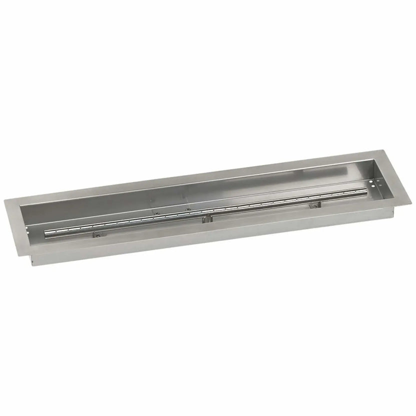 30x6 inch linear drop-in burner pan from American Fire Products in stainless steel, featuring a sleek rectangular fire pan and integrated stainless burner tube for compact outdoor gas fire pit designs.