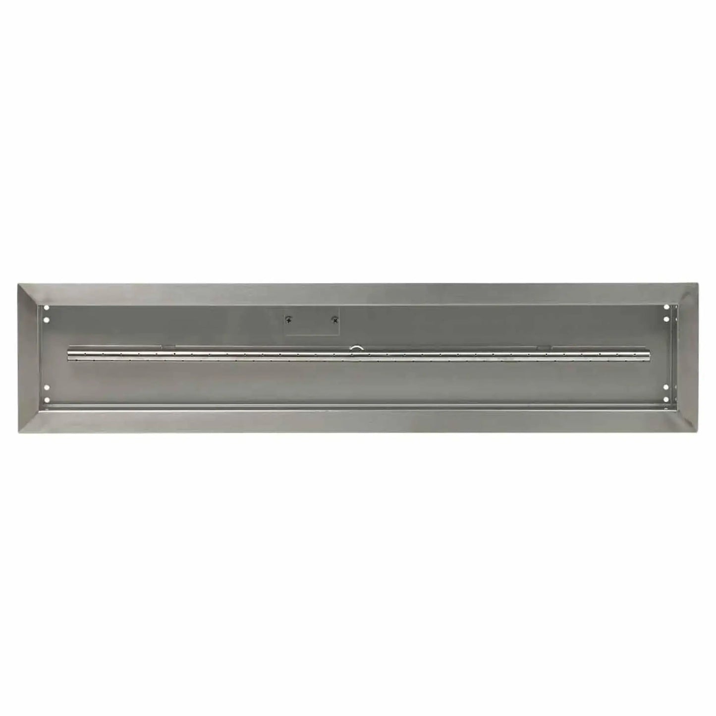 Top-down view of a 36x6 linear stainless steel drop-in burner pan from American Fire Products, highlighting the clean pan interior, full-length burner tube, and durable brushed stainless construction.