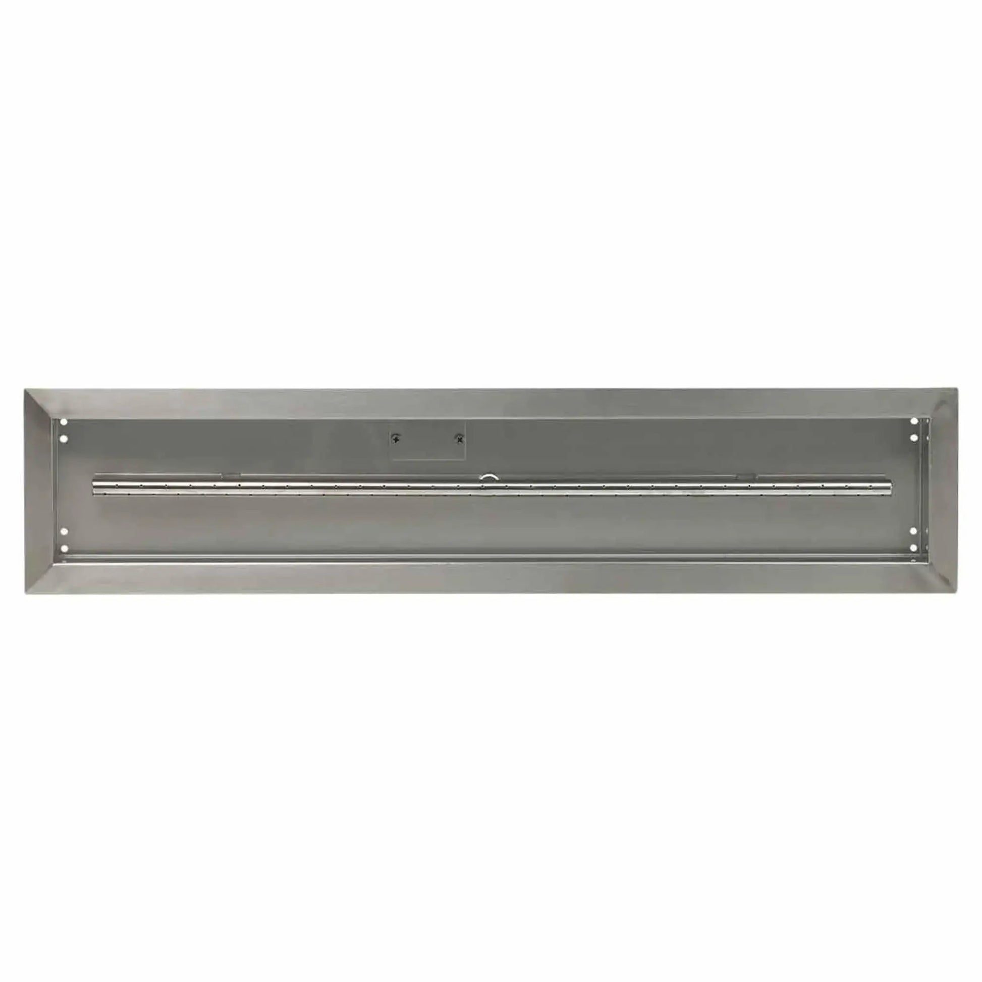 Top-down view of a 36x6 linear stainless steel drop-in burner pan from American Fire Products, highlighting the clean pan interior, full-length burner tube, and durable brushed stainless construction.