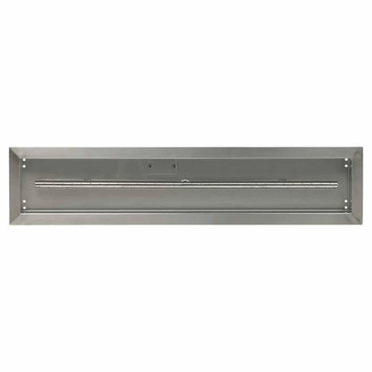 Top-down view of a 36x6 linear stainless steel drop-in burner pan from American Fire Products, highlighting the clean pan interior, full-length burner tube, and durable brushed stainless construction.