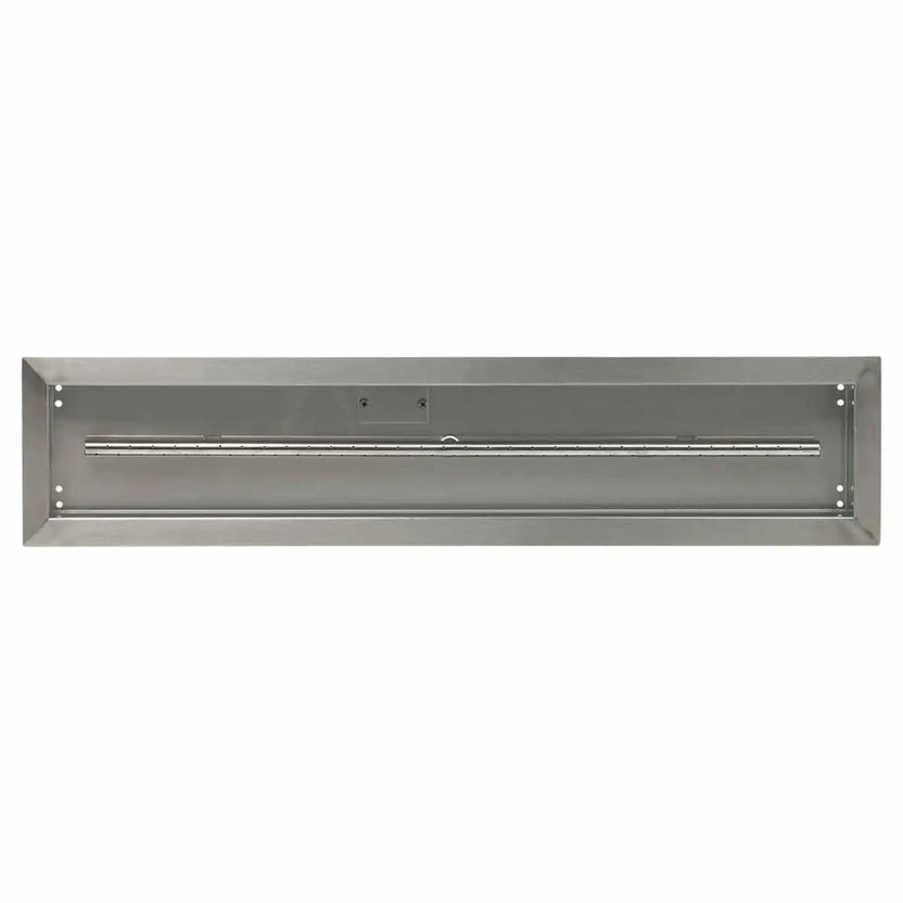 Top-down view of a 36x6 linear stainless steel drop-in burner pan from American Fire Products, highlighting the clean pan interior, full-length burner tube, and durable brushed stainless construction.